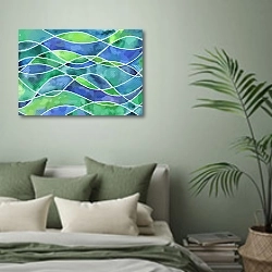 «Абстрактные морские волны» в интерьере современной спальни в зеленых тонах