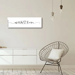 «С любовью» в интерьере белой комнаты в скандинавском стиле над комодом