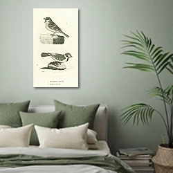 «Sparrow Finch, Tree Finch» в интерьере зеленой спальни