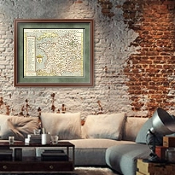 «Карта Франции, 1548 г. 1» в интерьере гостиной в стиле лофт с кирпичной стеной