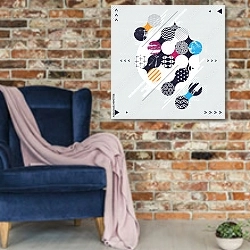 «Абстрактная геометрическая композиция с декоративными кругами» в интерьере в стиле лофт с кирпичной стеной и синим креслом