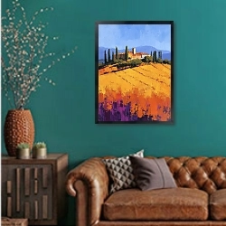 «Italian sonnet on cypresses» в интерьере гостиной с зеленой стеной над диваном