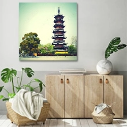 «Высокая пагода, Шанхай 2» в интерьере современной комнаты над комодом
