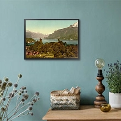 «Швейцария. Бриенцское озеро возле гор» в интерьере в стиле ретро с бирюзовыми стенами