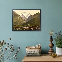 «Швейцария. Интерлакен и гора Юнгфрау» в интерьере в стиле ретро с бирюзовыми стенами