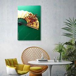 «Китайский веер» в интерьере современной гостиной с желтым креслом