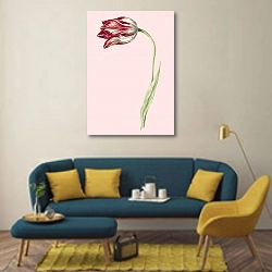 «Розовый тюльпан на винтажной иллюстрации» в интерьере гостиной в стиле поп-арт с желтыми деталями