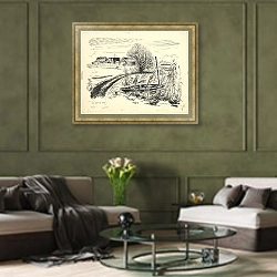 «Gezicht op de onderbouw van molen ‘De Bonte Hen’ te Zaandam.» в интерьере гостиной в оливковых тонах