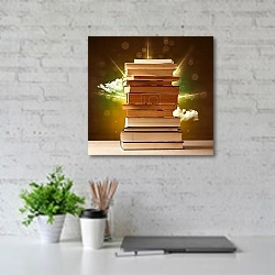 «Стопка книг» в интерьере современного офиса с белой кирпичной стенкой