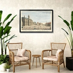 «A View of the Stadt House, New Church, Weighing House, and the adjacent Buildings at Amsterdam» в интерьере комнаты в стиле ретро с плетеными креслами