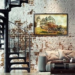 «Франция. Сказочный замок №3» в интерьере двухярусной гостиной в стиле лофт с кирпичной стеной