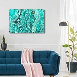 «Бирюзовые волны» в интерьере современной гостиной над синим диваном