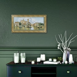 «San Geremia and the Palazzo Labia from the grand canal» в интерьере прихожей в зеленых тонах над комодом