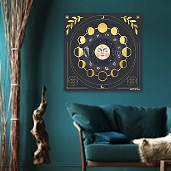 «Золотые фазы луны со знаками зодиака» в интерьере зеленой гостиной в этническом стиле над диваном