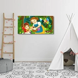 «cartoon scene with young girl and happy dog in the forest going somewhere and fairy flying over - illustration for children» в интерьере детской комнаты для девочки с шалашом