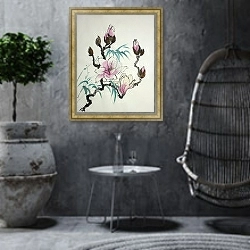 «Цветок магнолии и бамбуковая ветвь» в интерьере в этническом стиле в серых тонах