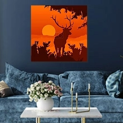 «monotonic illustration of an elk» в интерьере современной гостиной в синем цвете