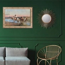 «Fording a Stream» в интерьере классической гостиной с зеленой стеной над диваном