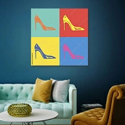 «Женская обувь поп-арт» в интерьере гостиной в стиле поп-арт с синими стенами