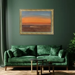 «Автомобили в пустыне» в интерьере зеленой гостиной над диваном