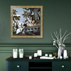 «Презрение» в интерьере прихожей в зеленых тонах над комодом