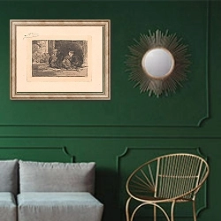 «Groep apen in een verblijf» в интерьере классической гостиной с зеленой стеной над диваном