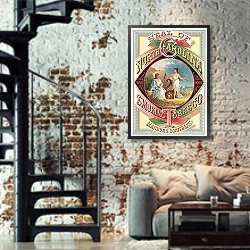 «Seal of North Carolina tobacco, Marburg Brothers» в интерьере двухярусной гостиной в стиле лофт с кирпичной стеной