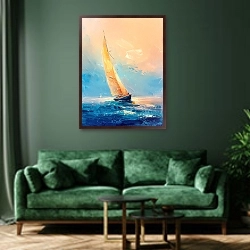 «Tranquil sailing at dusk» в интерьере зеленой гостиной над диваном