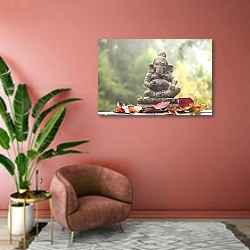 «Божество Ганеша, каменная статуя» в интерьере современной гостиной в розовых тонах