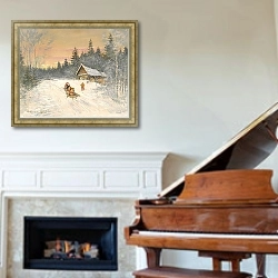 «Русская деревня под снегом» в интерьере классической гостиной над камином