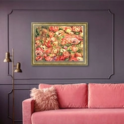 «Bed of anemones, 1901» в интерьере гостиной с розовым диваном