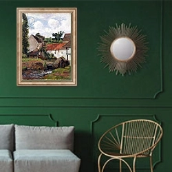 «Farm at Osny, 1883» в интерьере классической гостиной с зеленой стеной над диваном