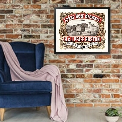 «Светлое пиво-пивоварня, H. & J. Pfaff, Бостон» в интерьере в стиле лофт с кирпичной стеной и синим креслом