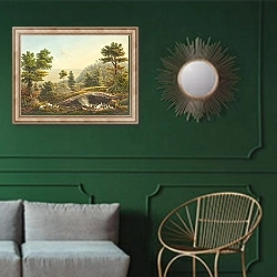 «Вид на пастушескую сцену в Юрском периоде» в интерьере классической гостиной с зеленой стеной над диваном