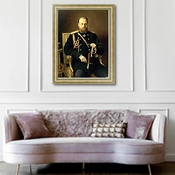 «Portrait of Emperor Alexander III 1886» в интерьере гостиной в классическом стиле над диваном