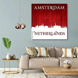 «Амстердам, Нидерланды. Силуэт города на красном фоне» в интерьере современной гостиной с голубыми стенами