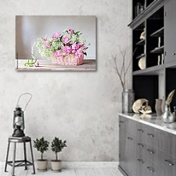 «Розовые пионы в корзине №3» в интерьере современной кухни в серых тонах