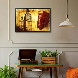 «Красная телефонная будка и Биг Бен» в интерьере комнаты в стиле ретро с проигрывателем виниловых пластинок