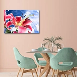 «Большая розовая лилия на фоне неба» в интерьере современной столовой в пастельных тонах