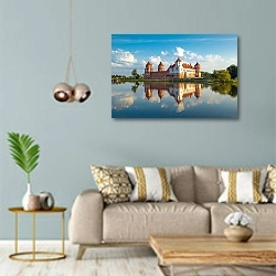 «Беларусь. Мирский замок с отражением» в интерьере современной гостиной с голубыми стенами