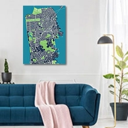 «Карта мечты: Сан-Франциско, сердце Калифорнии» в интерьере современной гостиной над синим диваном