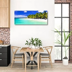«Идеальный белый песчаный пляж и бирюзовое море. Маврикий» в интерьере кухни с кирпичными стенами над столом