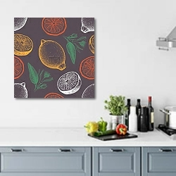 «Цитрусовый фон в темных тонах» в интерьере кухни в голубых тонах