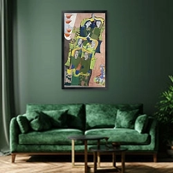 «Женщины в сельской местности» в интерьере зеленой гостиной над диваном