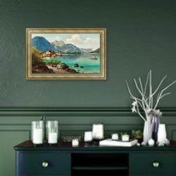 «Blick auf Weissenbach am Attersee» в интерьере прихожей в зеленых тонах над комодом