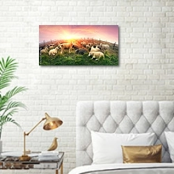 «Овцы на рассвете» в интерьере современной спальни в белом цвете с золотыми деталями