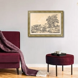 «Пейзаж с коровами» в интерьере гостиной в бордовых тонах