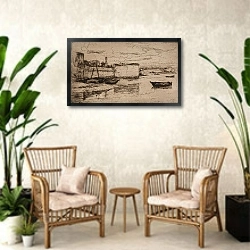 «City walls in Concarneau» в интерьере комнаты в стиле ретро с плетеными креслами