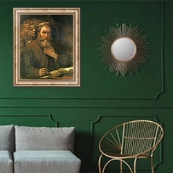 «Евангелист Матфей и ангел» в интерьере классической гостиной с зеленой стеной над диваном