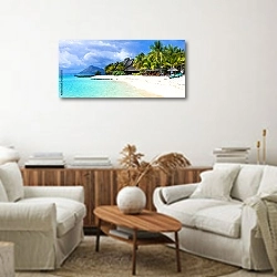 «Удивительные белые пляжи острова Маврикий» в интерьере современной светлой гостиной над комодом